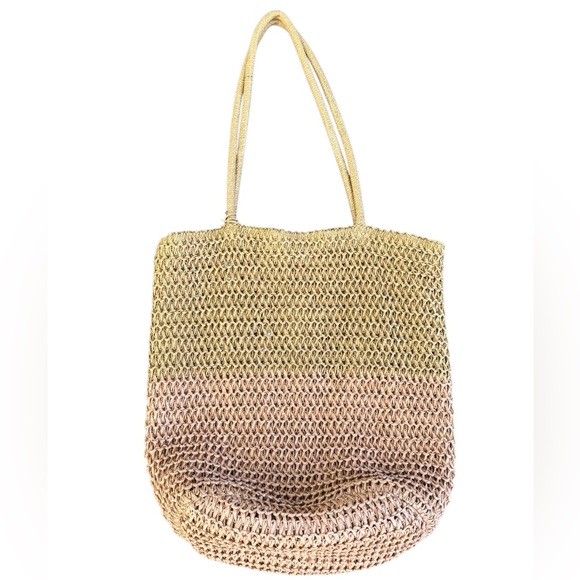 Old Navy Color Block Neutral Straw Shopper Tote Bag - One Size - Picture 1 of 6